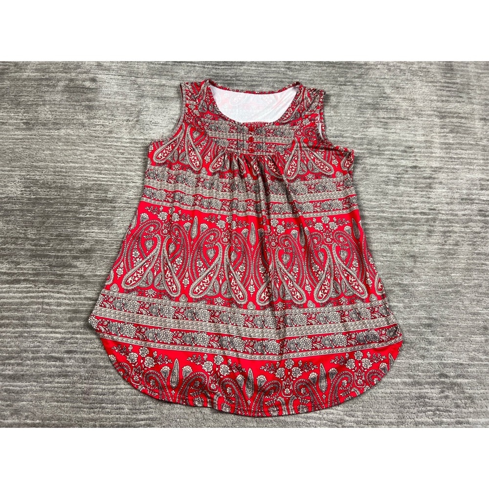 Unbranded Top Women S Red Paisley Sleeveless Boho Scoop Neck Pleated Blouse
